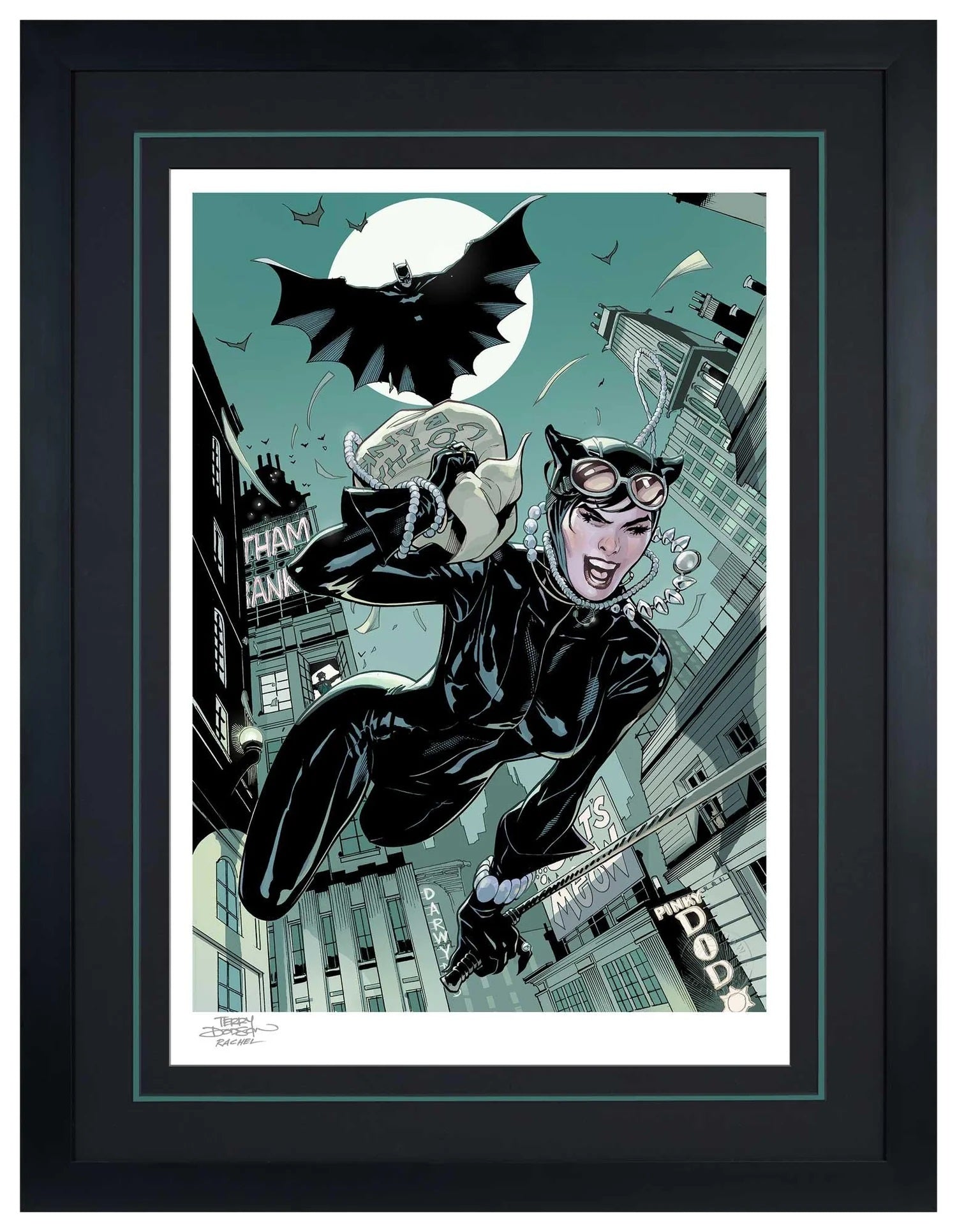 Batman chases down Catwoman. 