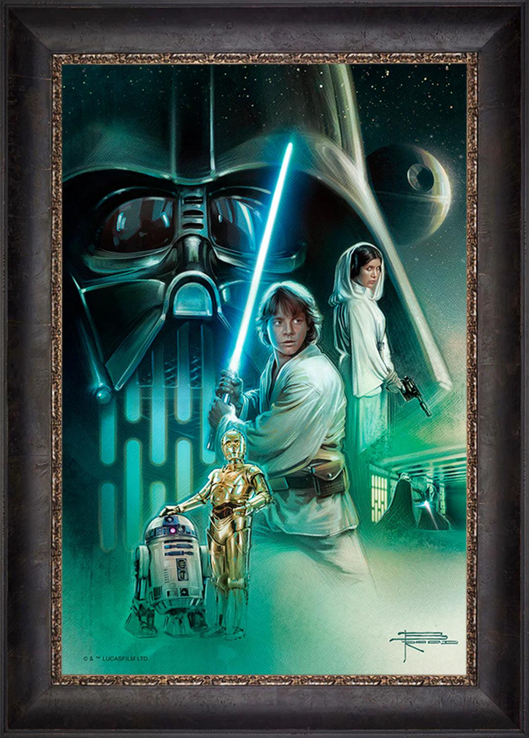 Framed artwork of a character with a lightsaber, R2-D2, and another figure in a sci-fi setting.