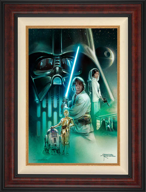 Framed artwork of a Star Wars scene with characters and lightsabers.