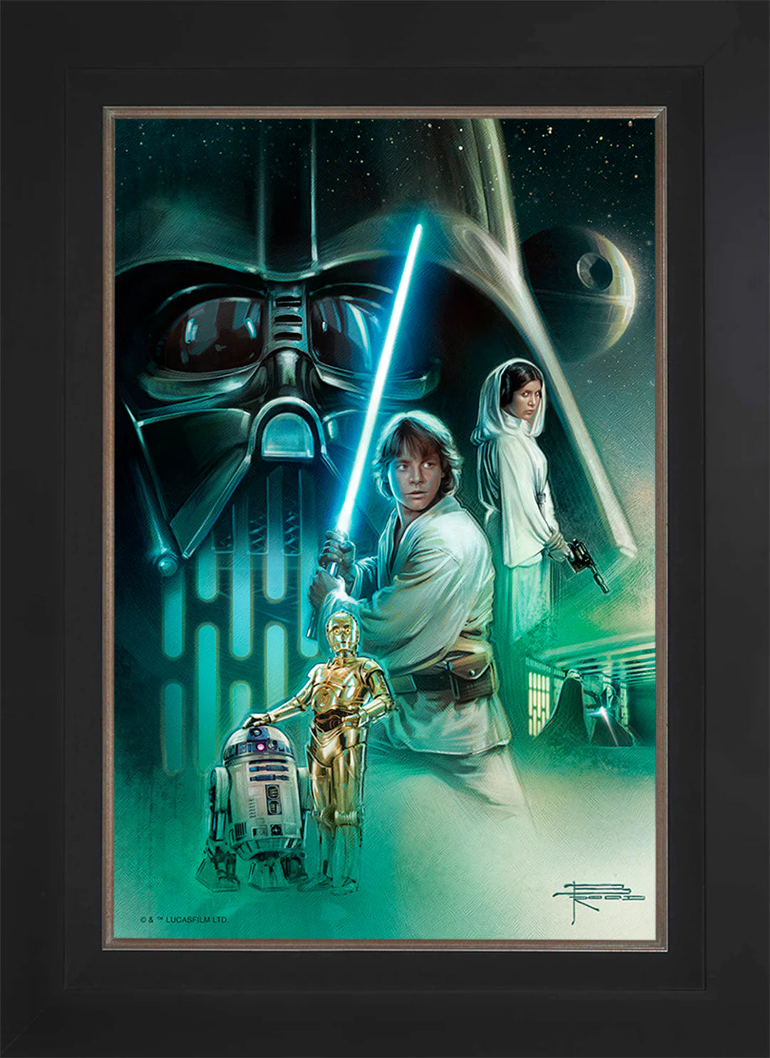 Framed poster of a Star Wars scene with characters holding lightsabers and C-3PO.