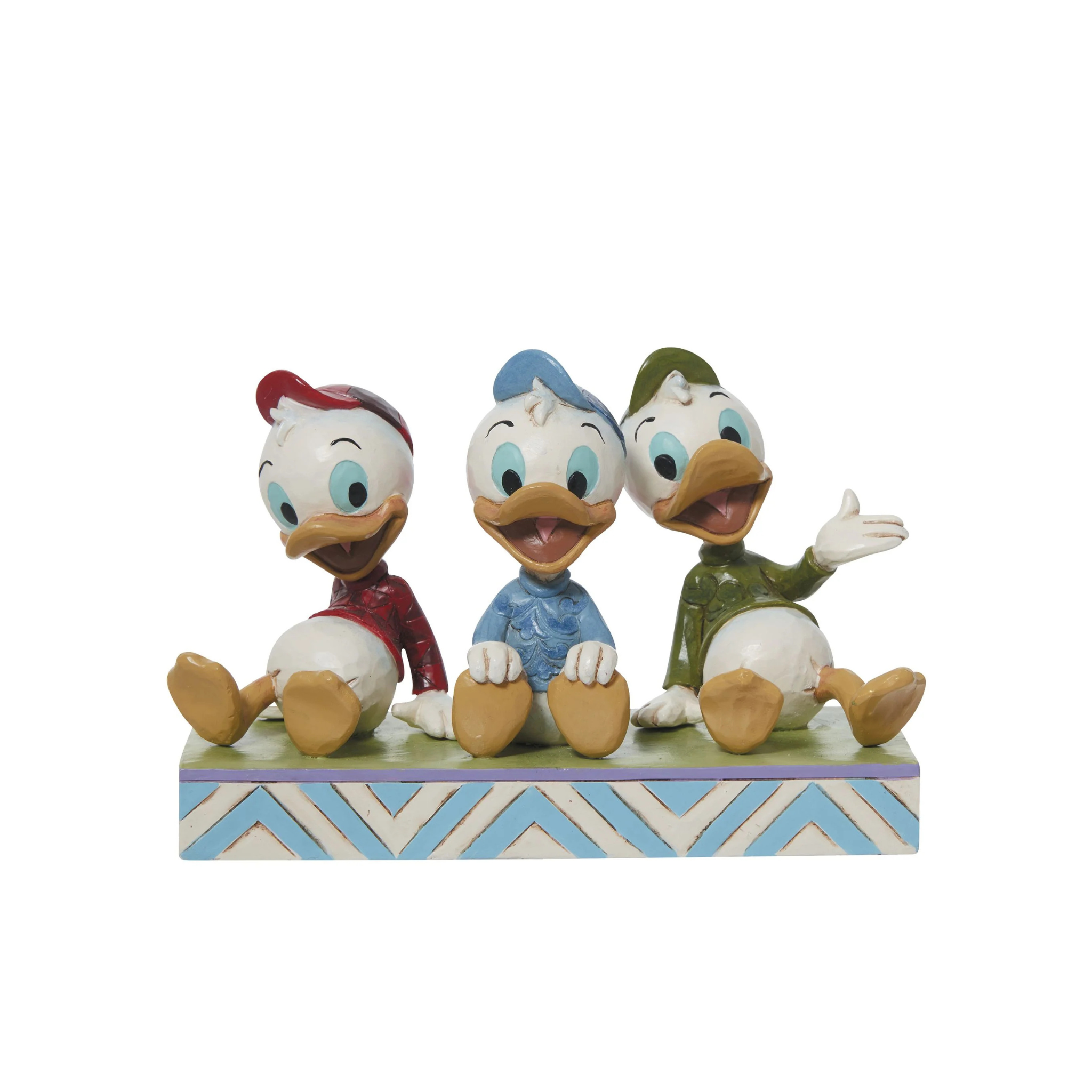 Huey, Dewey, and Louie! Dressed in signature red, green, and blue outfits. Front View