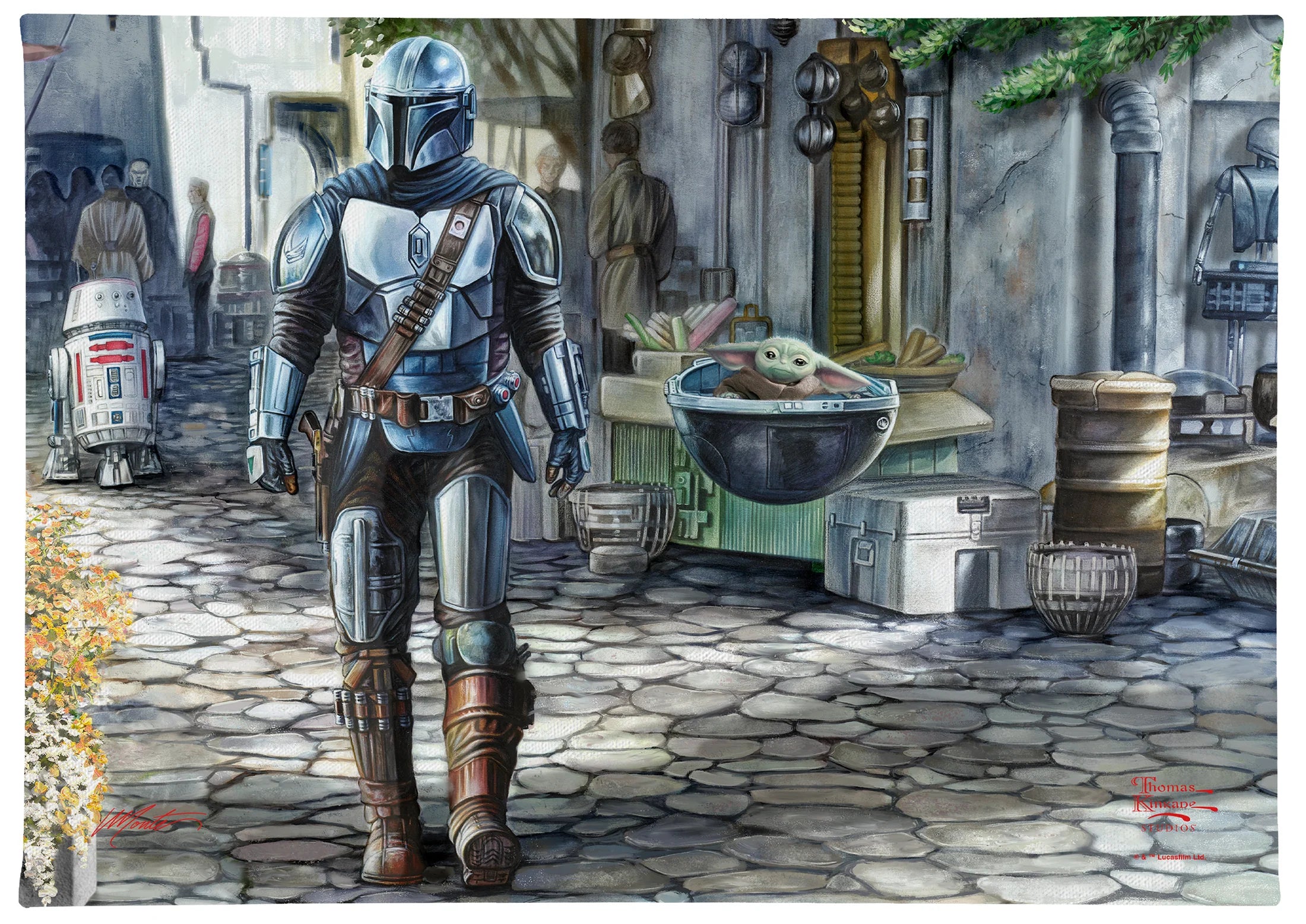 The Mandalorian and Grogu walk through the streets of Navarro.