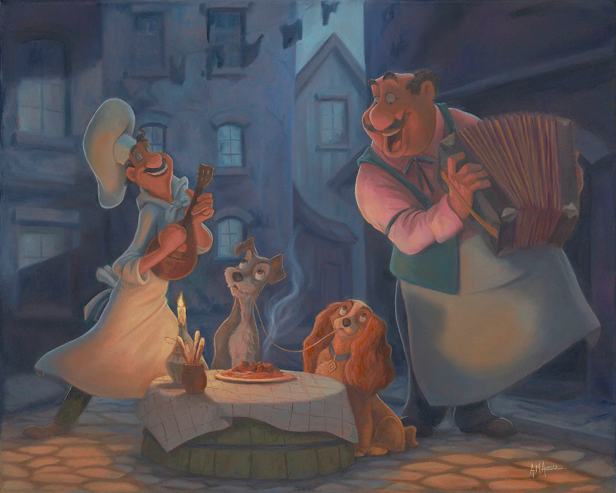 Lady and the Tramp being serenaded by the chefs at the Italian restaurant