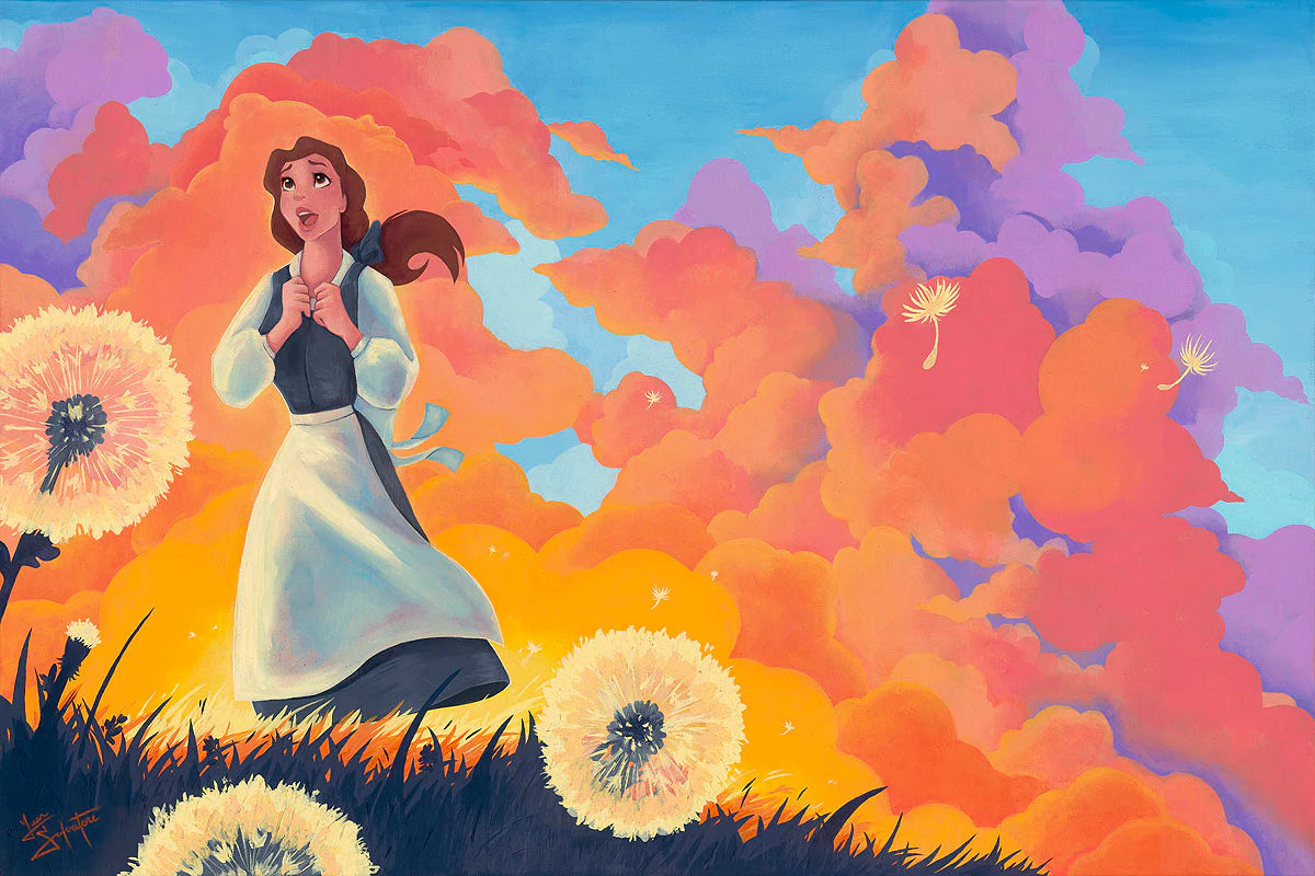 Colorful illustration of a character in a field with flowers and clouds
