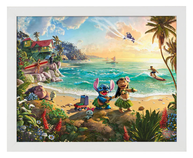 Lilo and Stitch at the beach - satin White Frame
