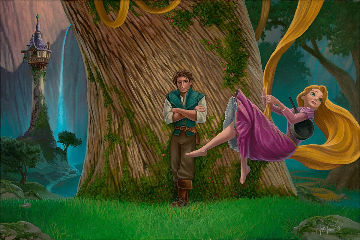 Rapunzel in swinging from a tree branch