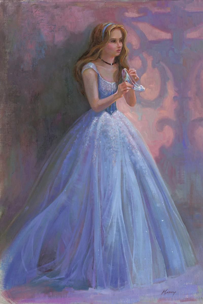  A human portrait of Cinderella holding her glass slipper