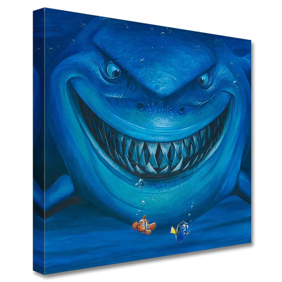 Captures the scene, where Bruce the Great White Shark, meets Merlin and Dory for the first time and invites them back for a gathering in their sunken submarine lair. Gallery Wrapped Canvas