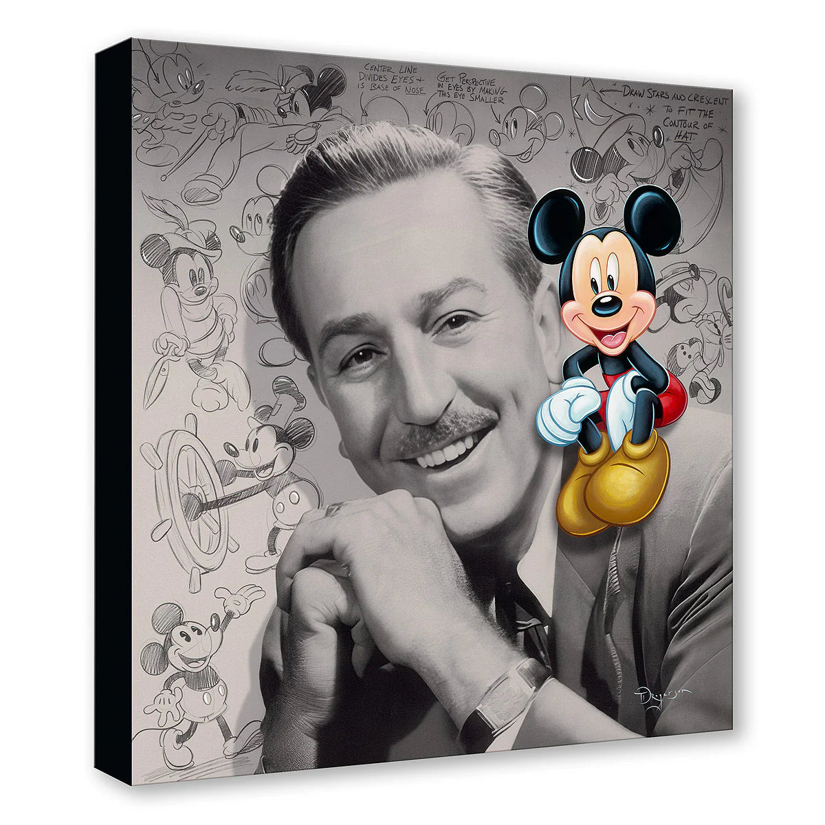 Canvas print featuring a black and white portrait of a famous figure with a cartoon character and Mickey Mouse illustrations.