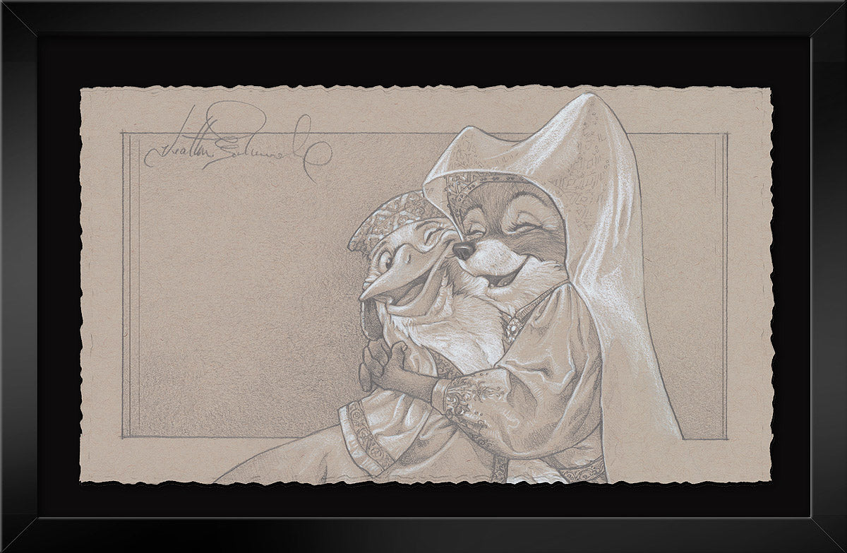 Pencil drawing of two animated characters embracing on textured paper with a black frame.
