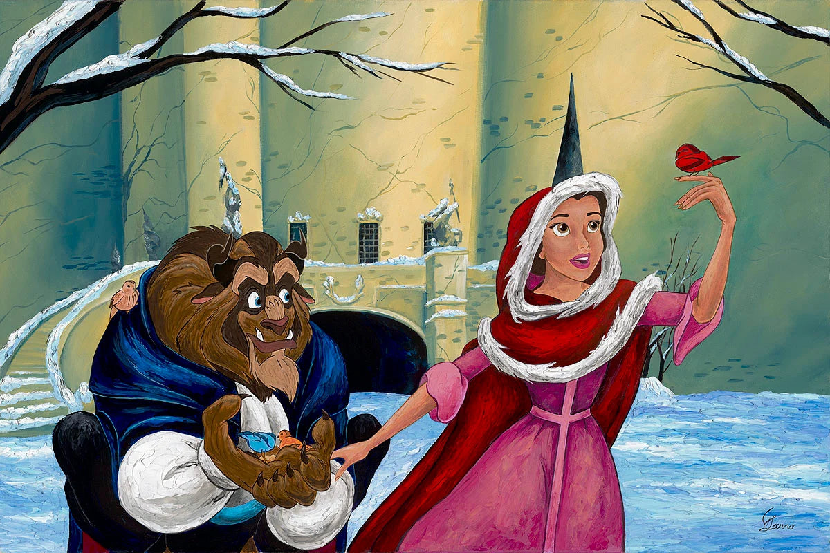 A colorful illustration of Beauty and the Beast and Princess Cinderella in a snowy winter scene, with a castle in the background. The Beast wears a blue cloak, and Cinderella wears a red dress and hood with white trim, with a small red bird perched on her hand.