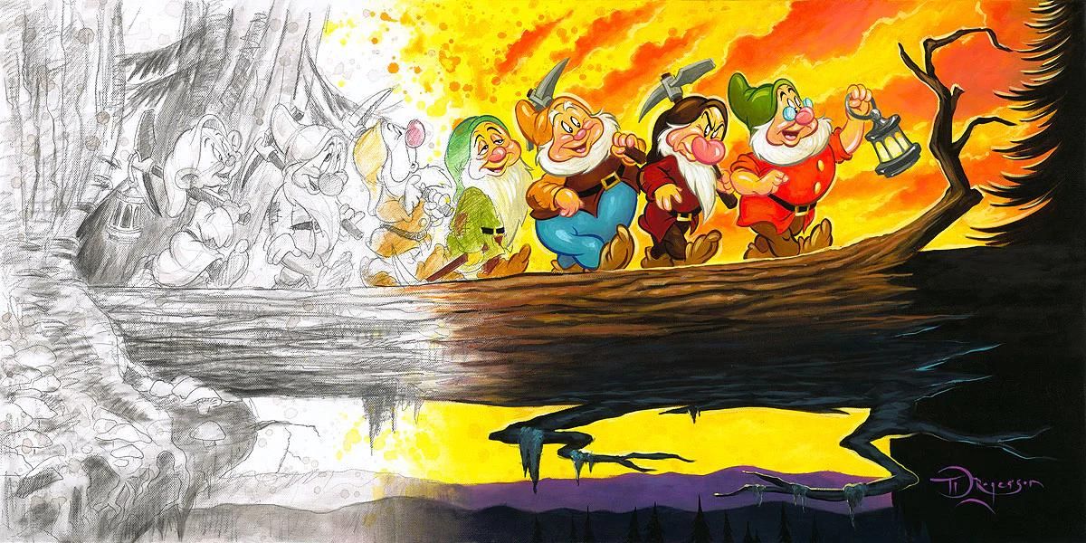 the Seven Dwarfs going from a drawing concept to reality.