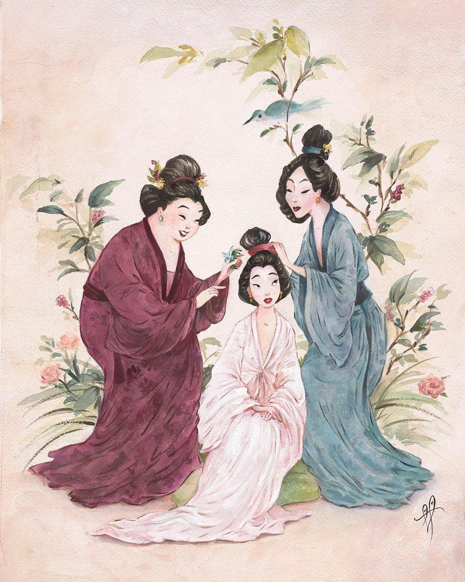 Illustration of three women in traditional attire with floral and bird elements.