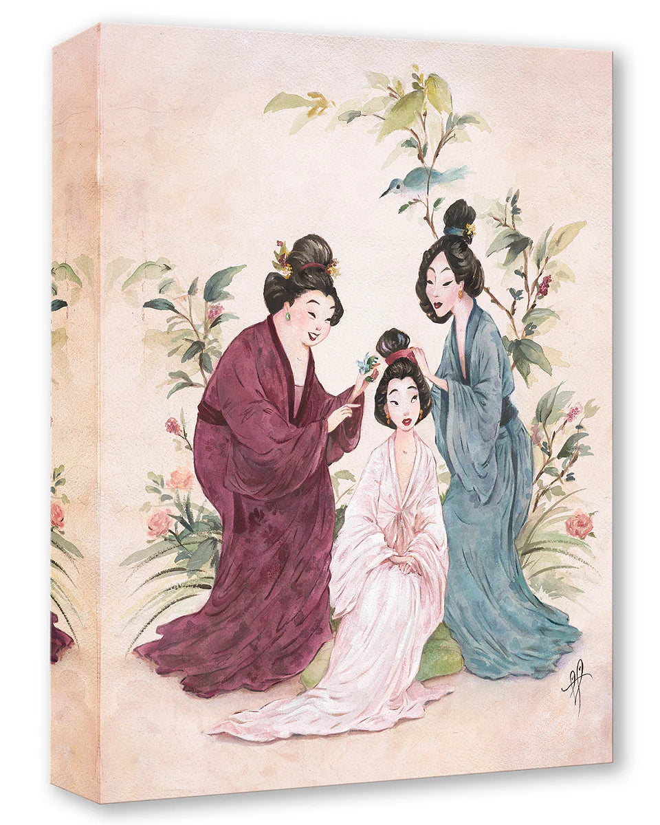 Artistic depiction of three women in traditional attire with floral elements on a light background