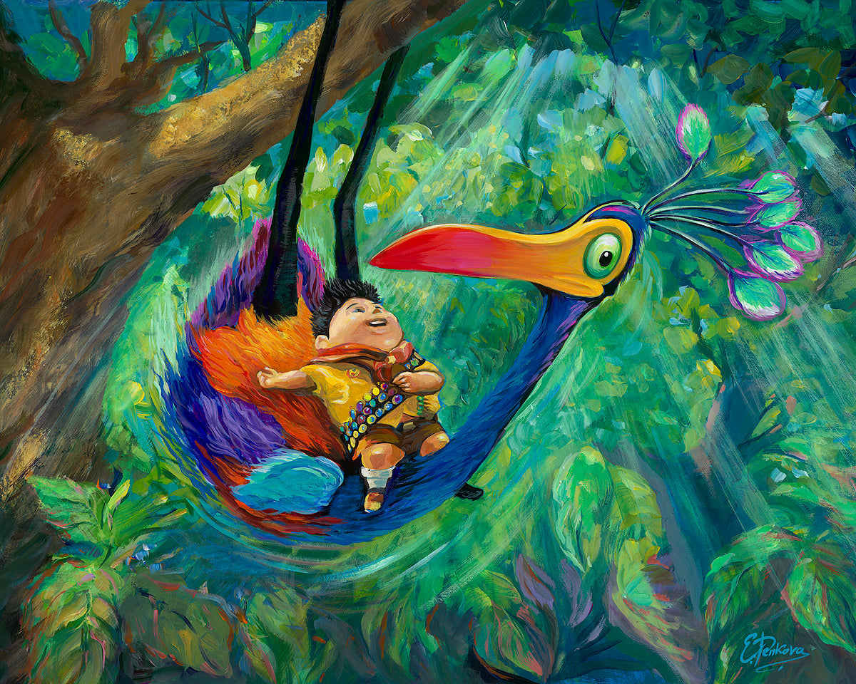 Colorful painting of a toucan with a child in its beak, set against a forest background.