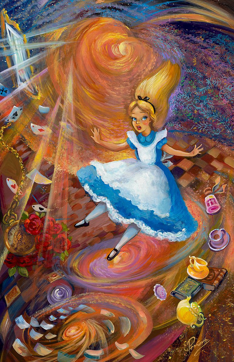Colorful artwork of a character in a white dress with a blue skirt, surrounded by swirling patterns and various objects.