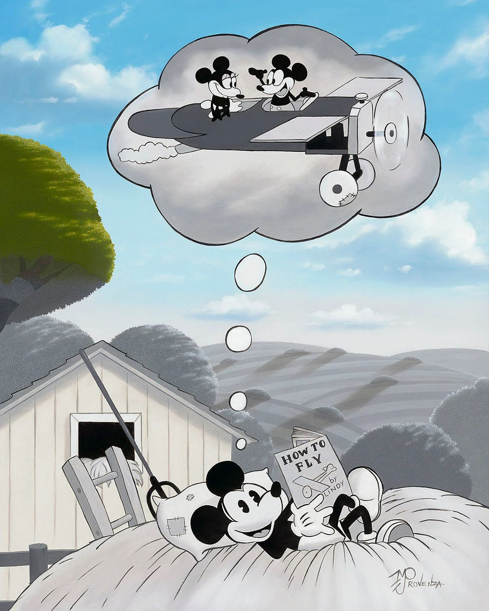Mickey is day dreaming of impressing Minnie by learning how to fly