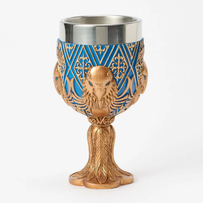 Decorative goblet with gold and blue design on a white background