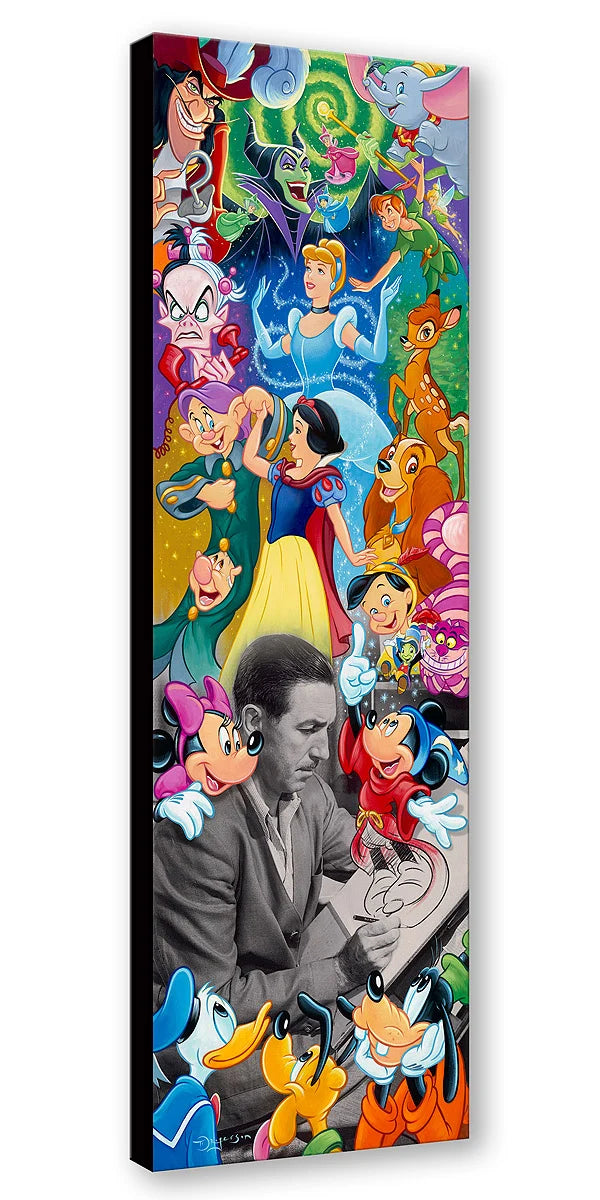 A tall, narrow canvas wall art print featuring a colorful collage of Disney characters and a black-and-white portrait of Walt Disney seated at the bottom, shown against a plain white background.