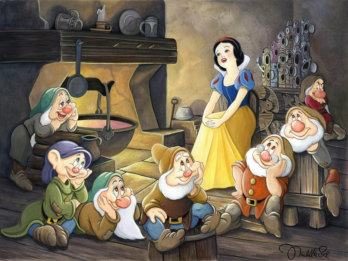 Snow White singing to the Seven Dwarfs
