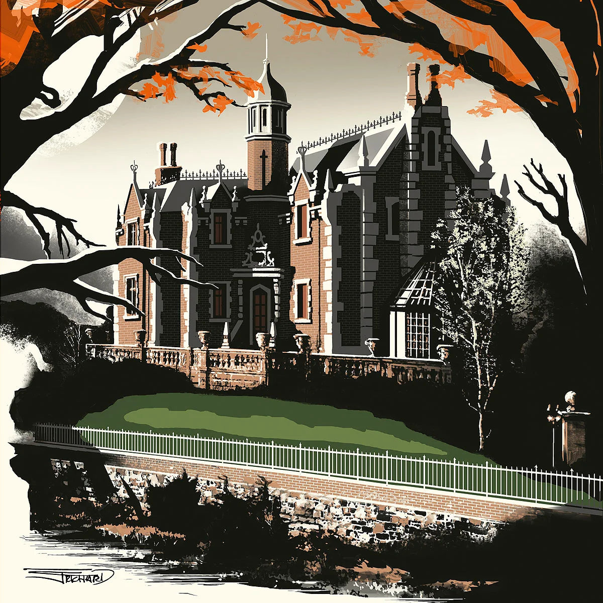 A stylized illustration of a large historic manor house with towers and chimneys, surrounded by trees with orange autumn leaves, a green lawn, a stone wall, and a white fence. The artwork uses a limited palette of black, white, gray, green, and orange.