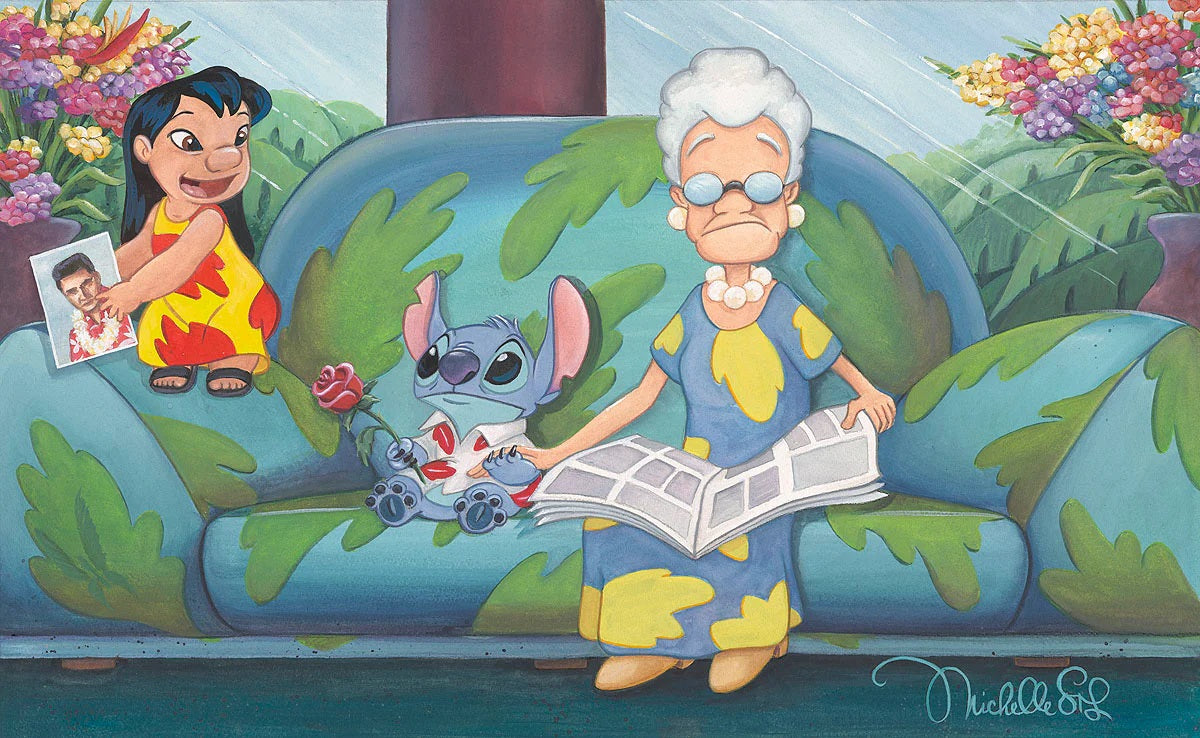 Lilo and Stitch  spending time with an elderly lady