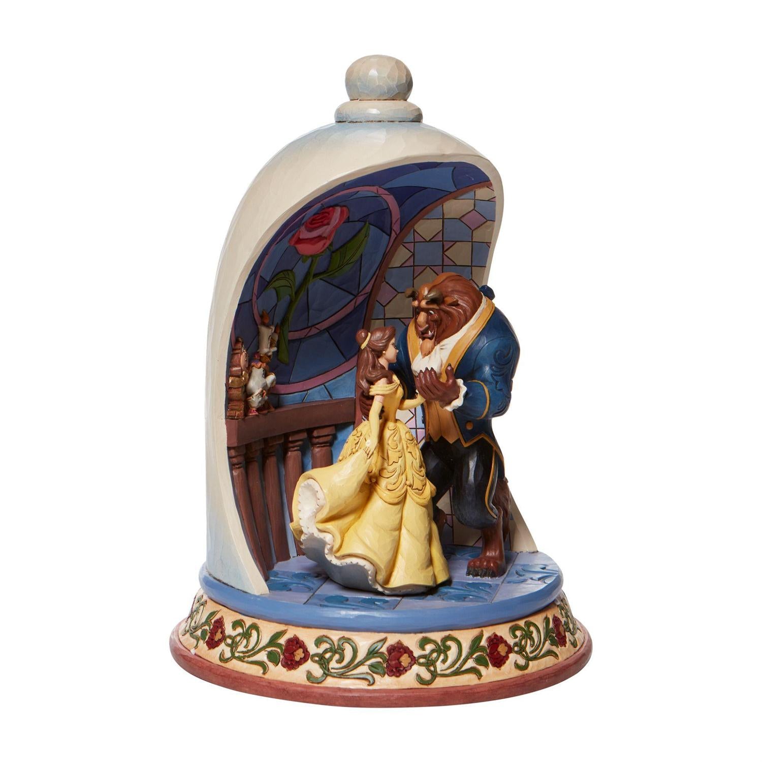  Lumiere, Cogsworth, and Mrs. Potts watch as Belle and the Beast share a moonlight waltz and loving gaze. - Side view