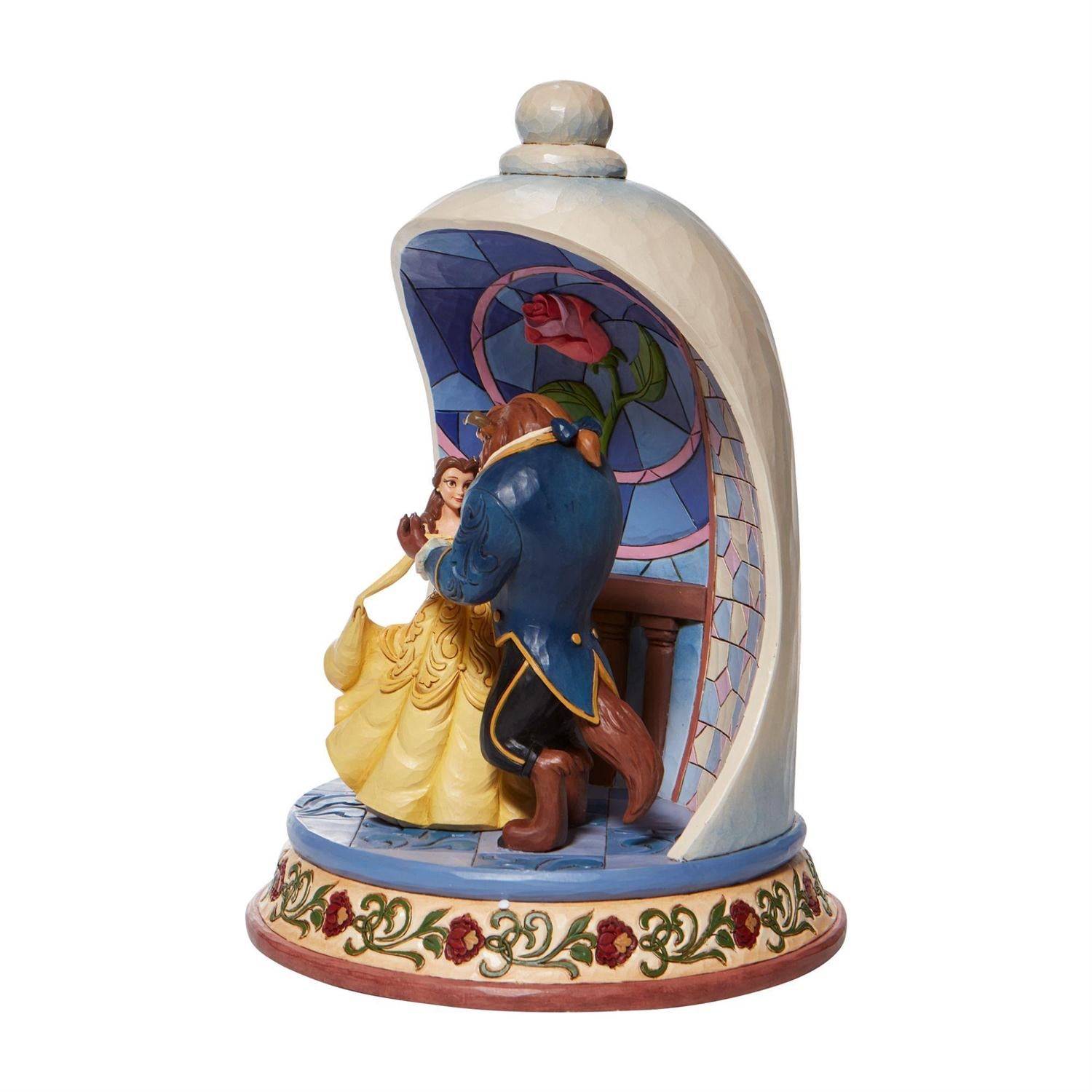 Lumiere, Cogsworth, and Mrs. Potts watch as Belle and the Beast share a moonlight waltz and loving gaze. - Side view 2