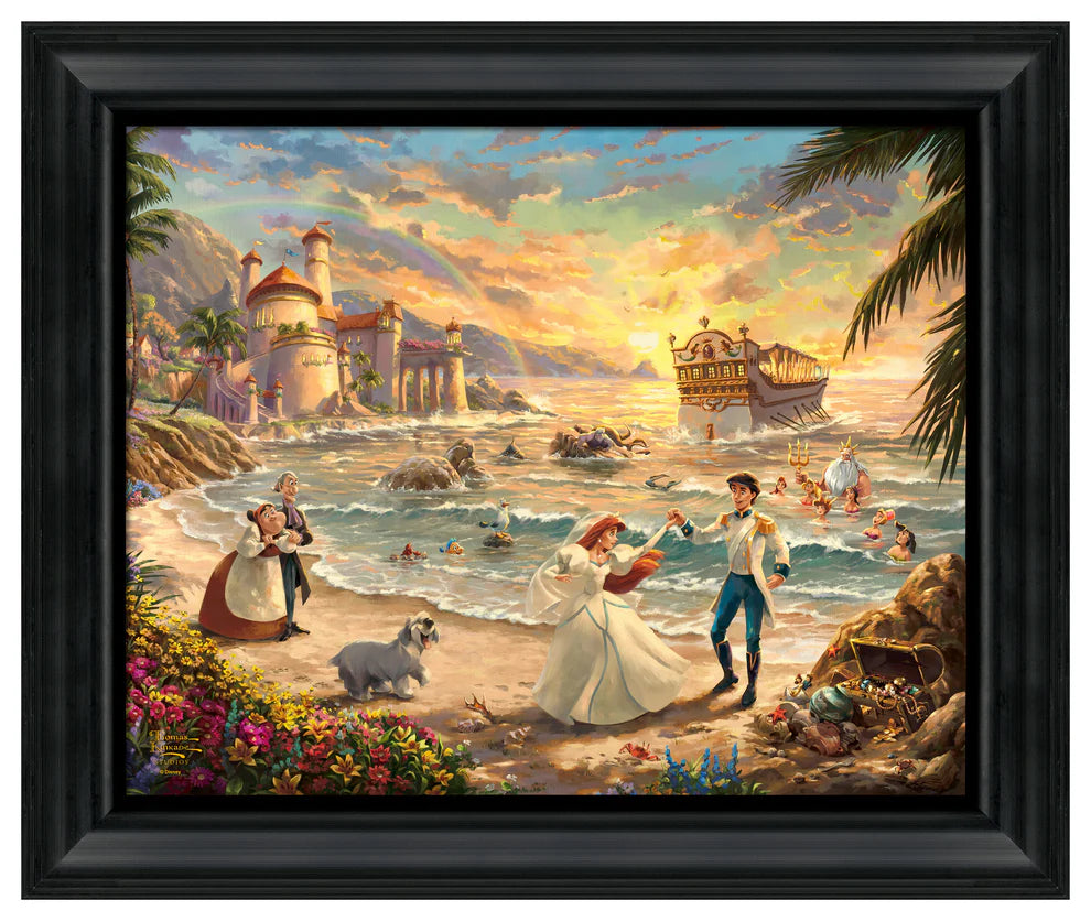 Ariel dances on the sand with her one true love Prince Eric. Max is happily dancing beside them as Sebastian, Flounder, and Scuttle watch from the shore. Ariel’s father, King Triton, sweetly smiles beside his other daughters as they celebrate the love she has found.