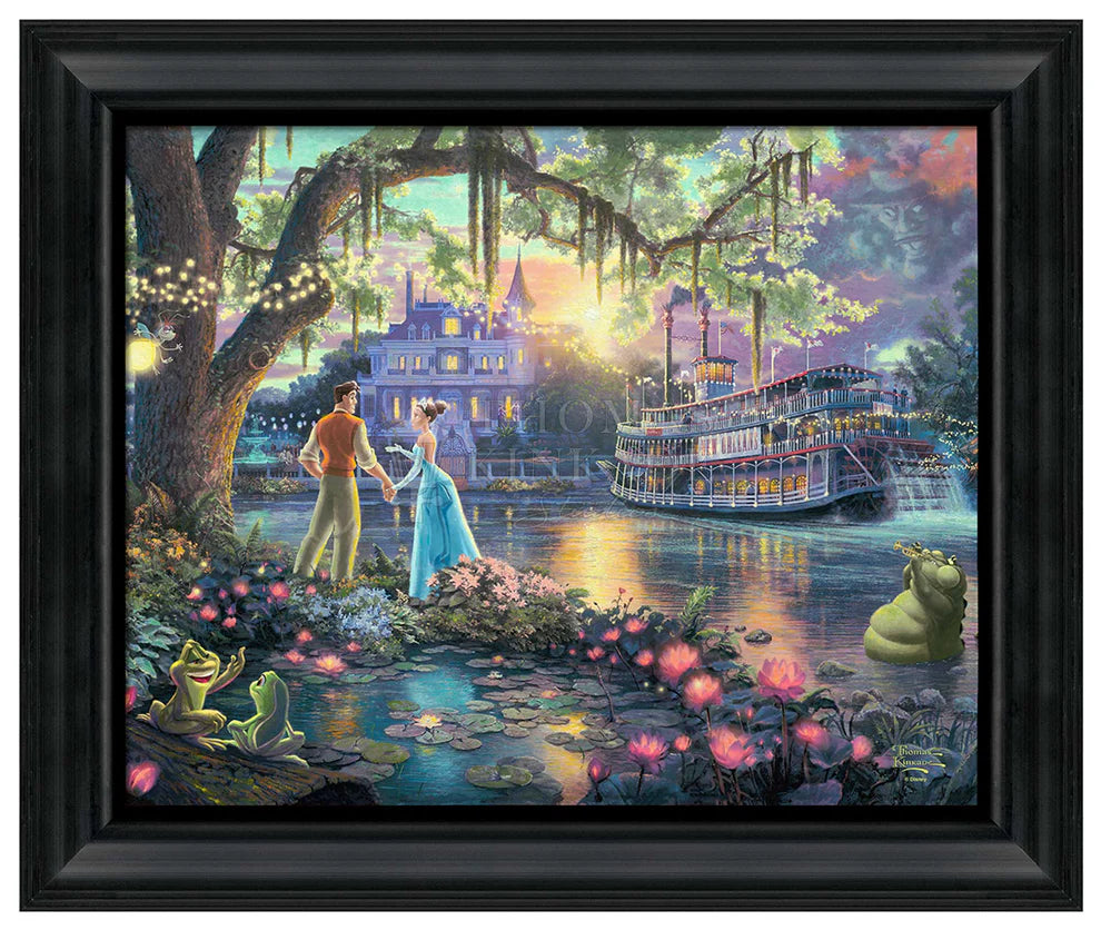 Tiana and the Prince stand by the bayou river edge holding hands under the oak tree as the two frogs (Tiana and the Prince) watch.