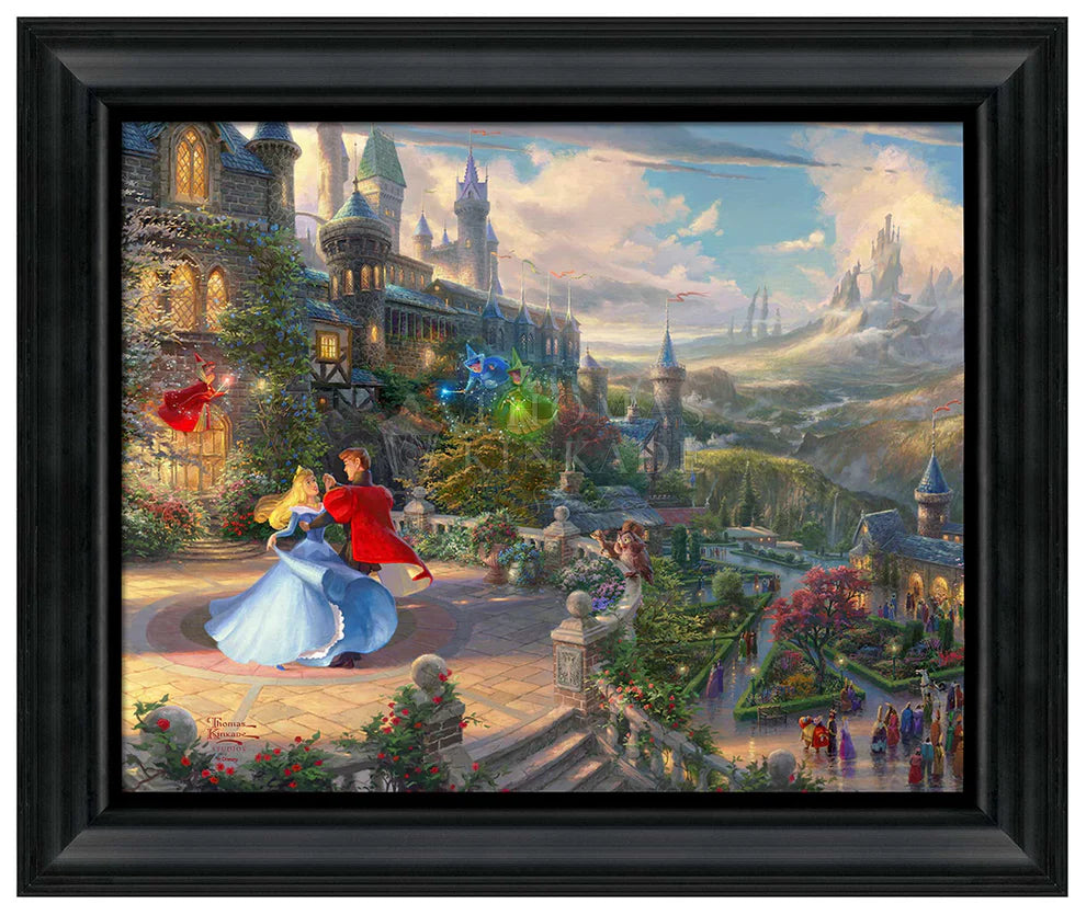 Aurora and her prince were in the courtyard under an enchanted light streaming down from the good fairies. It is just the two of them, with their hearts in the clouds as they dance "happily ever after."