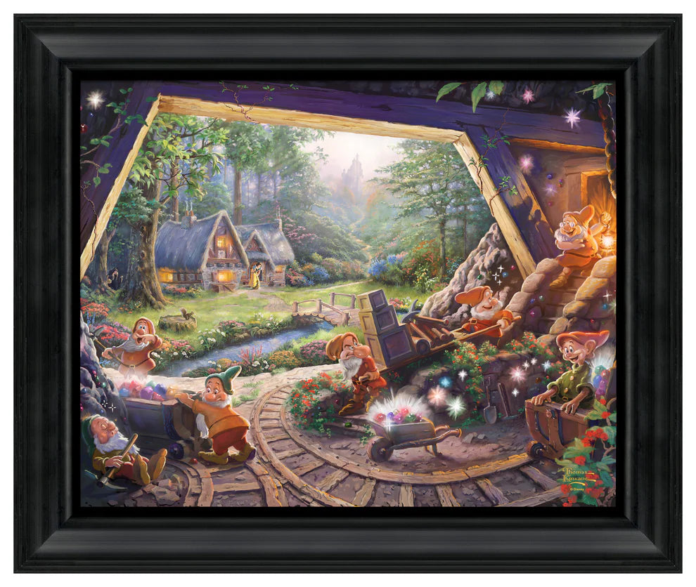 It is a busy day at the mine for the Seven Dwarfs, each of their personalities shines through as they harvest the radiant gems. The evil Queen in the form of the Witch, spying on Snow White as she sweeps.