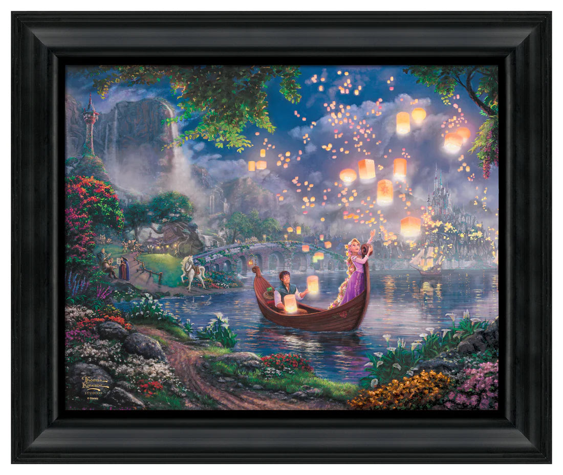 A newly found love - Rapunzel and Flynn as they boat together on her 18th birthday.   Maximus, Pascal, and Mother Gothel are seen on the lake shore.