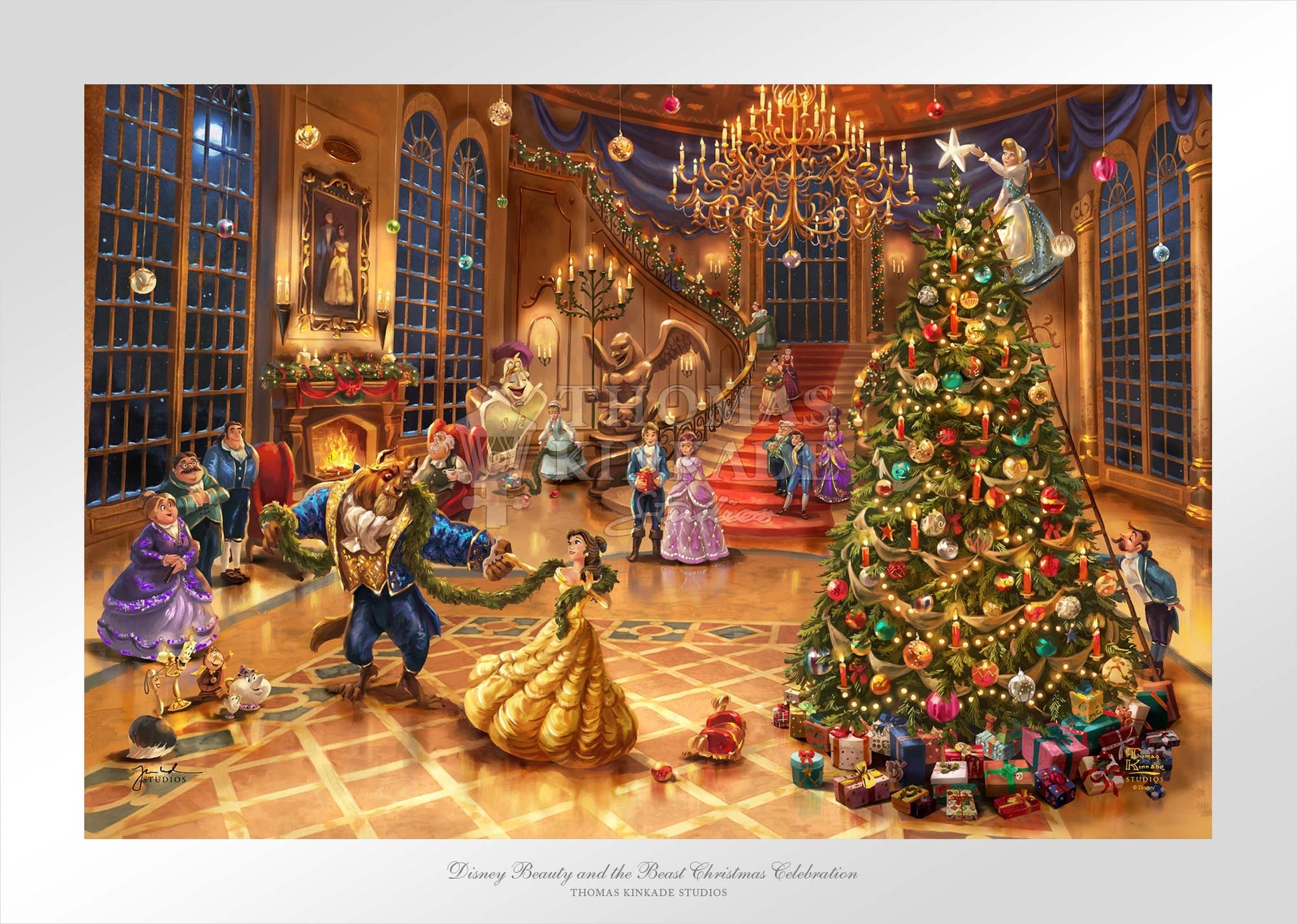 Belle, the Beast, family, and friends celebrate the holiday at the Beast's castle ballroom. Unframed