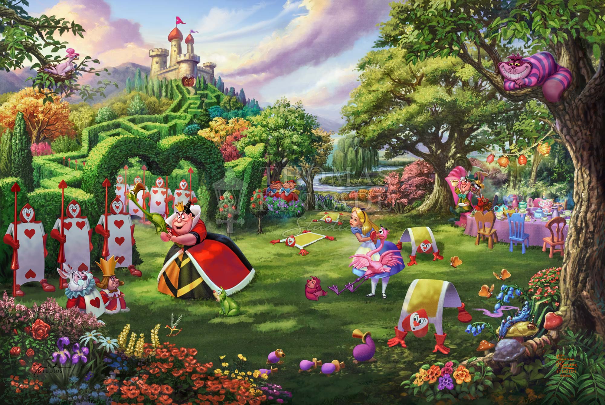 The Queen of Hearts plays croquet with flamingo mallets and hedgehog balls while the White Rabbit and Alice look on. - Unframed