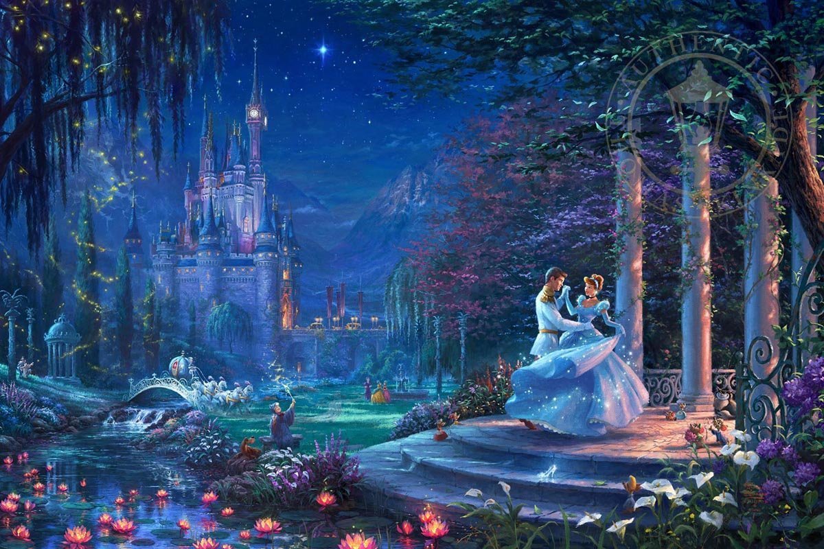 Cinderella dancing with the royal prince under the starlight by Thomas Kinkade Studios. Cinderella&