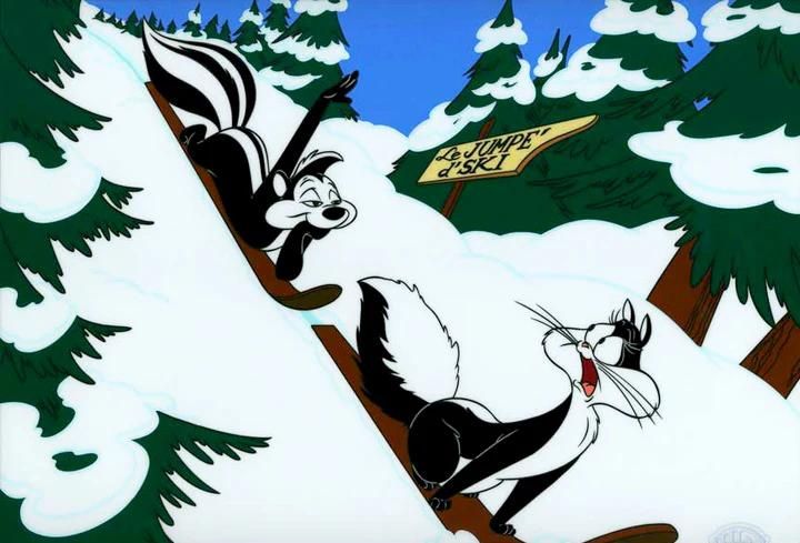 Pepé Le Pew follows Penelope down the slopes. 