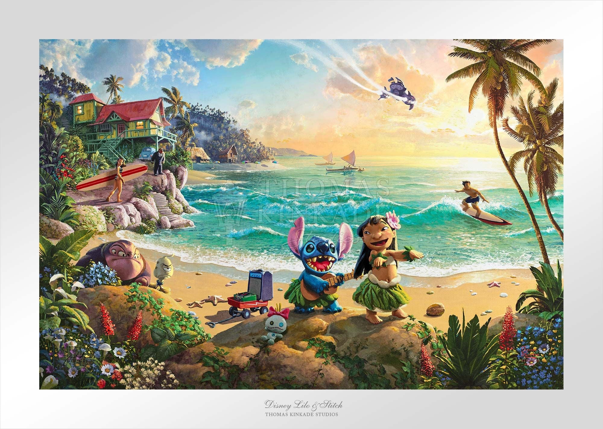 On their family day on the beach, Nani heads out with her board to the Pacific Ocean waves while Lilo & Stitch practice their dance moves on the beautiful serene shore. Unframed Paper