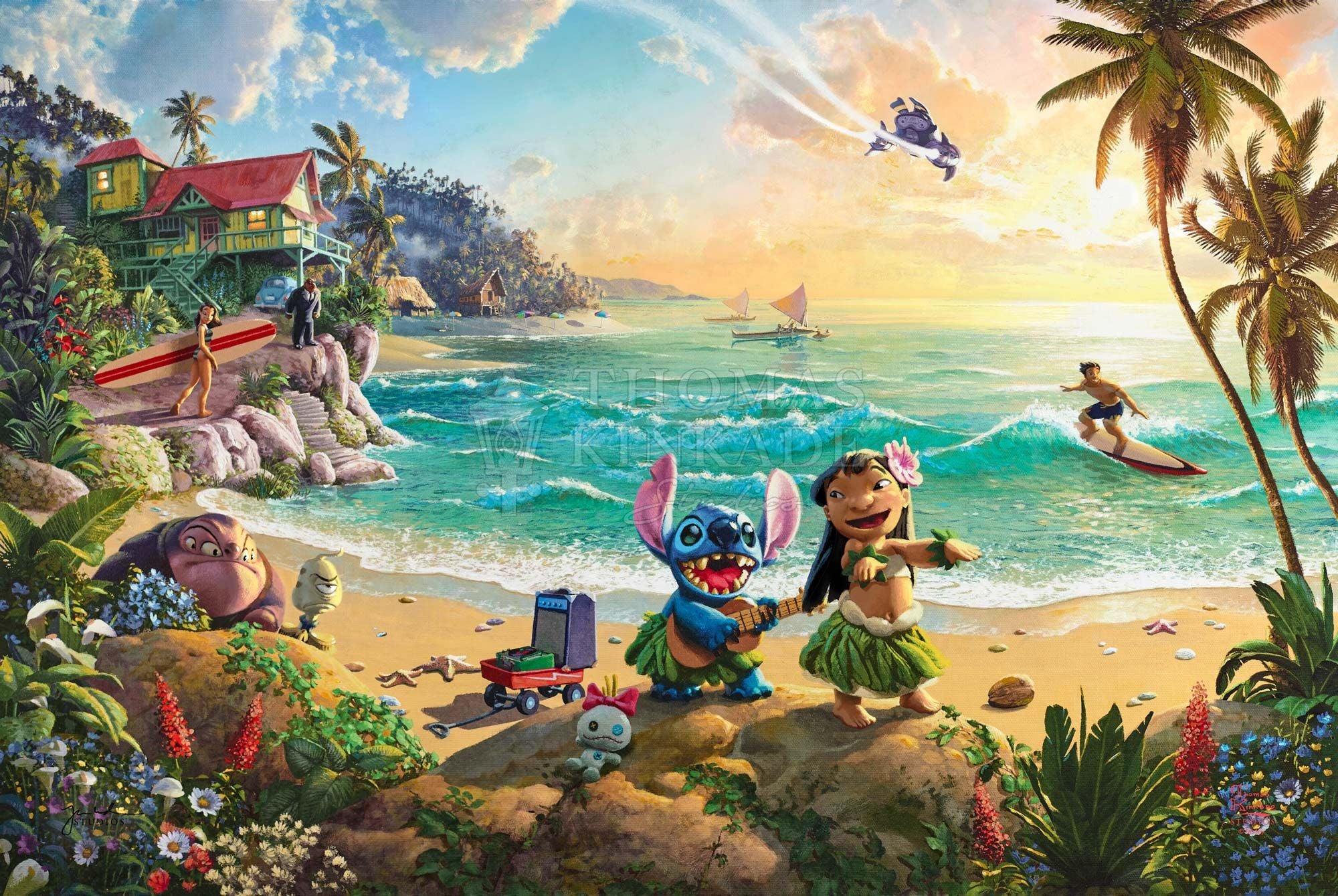 Lilo & Stitch practice their dance moves on the beautiful serene shore. Unframed