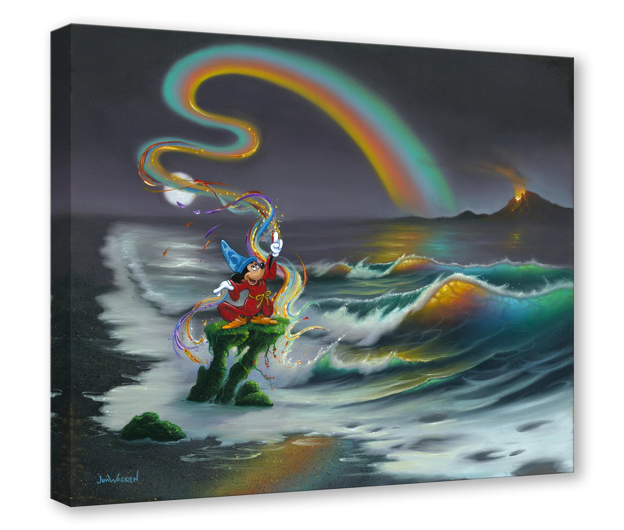 Mickey Colors the World by Jim Warren. Mickey the sorcerer unleashes a ribbon rainbow of magical colors, as he stands on a pedestal form of rocks overlooking the active volcano at a distance.