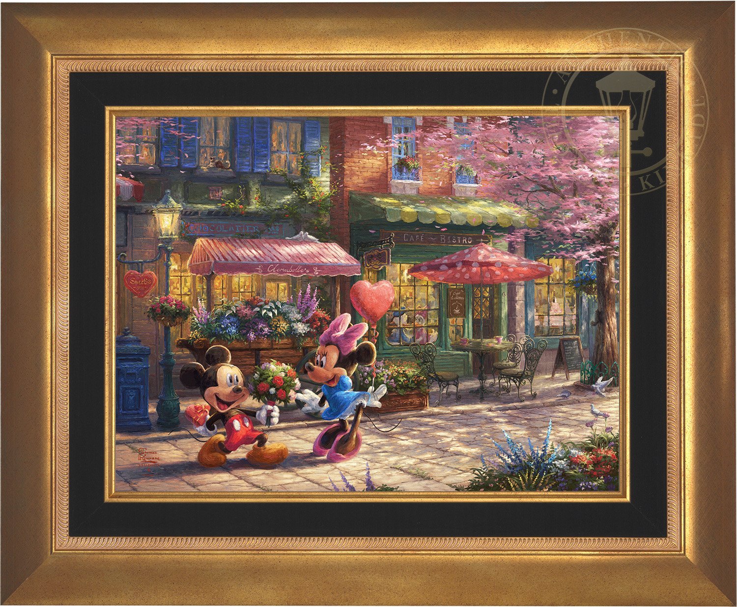 Mickey presents Minnie with a bouquet of flowers and a heart shaped box of chocolate in front of Cafe Bristo - Aurora Gold Frame