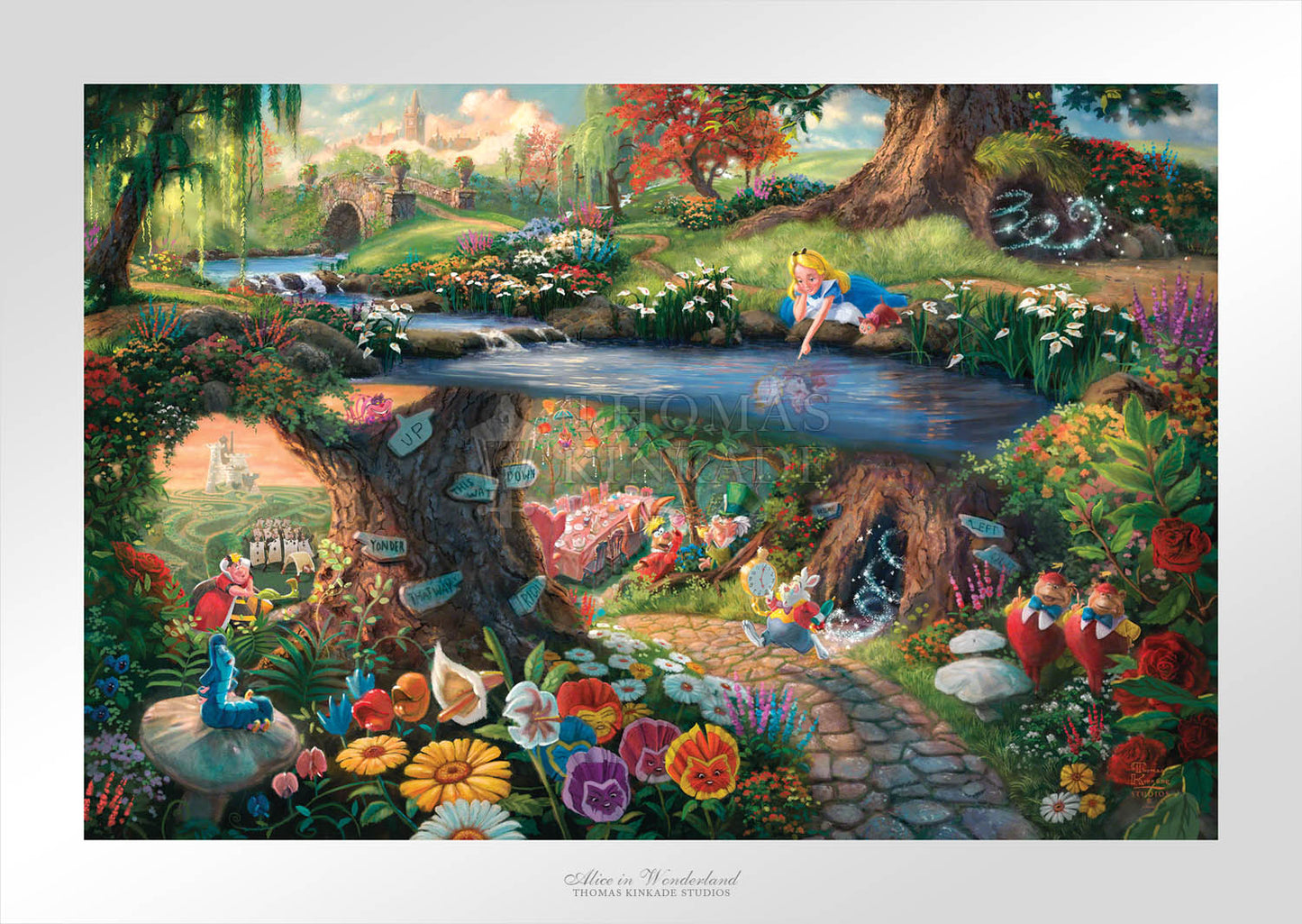 Alice's imagination wonders as she looks into the water, sees her reflection, and much more, the hurried White Rabbit, the enigmatic Caterpillar, the lunatic Mad Hatter, the nonsensical Tweedle-dee, and Tweedledum all play a part in the world down the hole. Unframed Paper