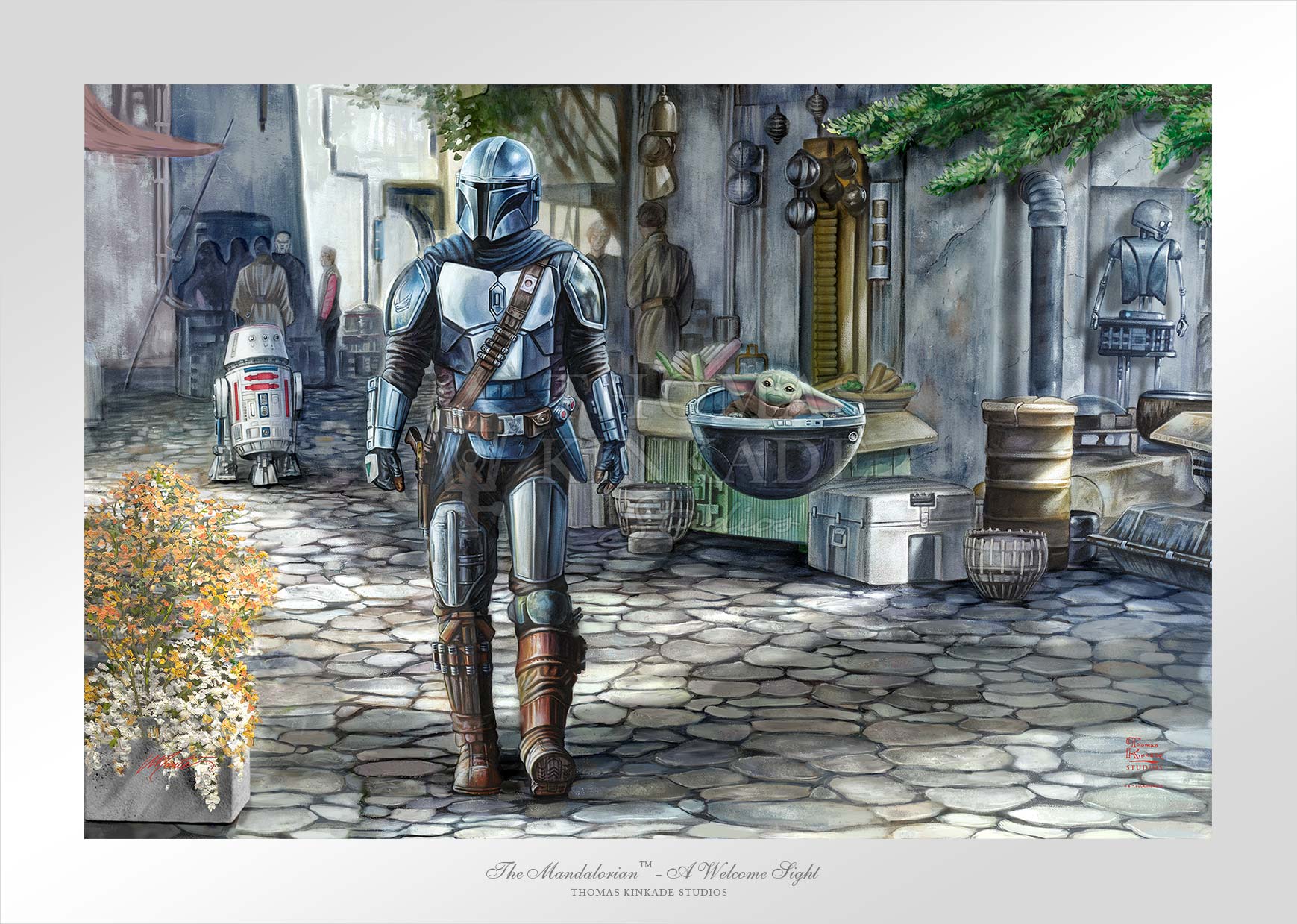 The Mandalorian and Grogu walk through the streets of Navarro. Unframed