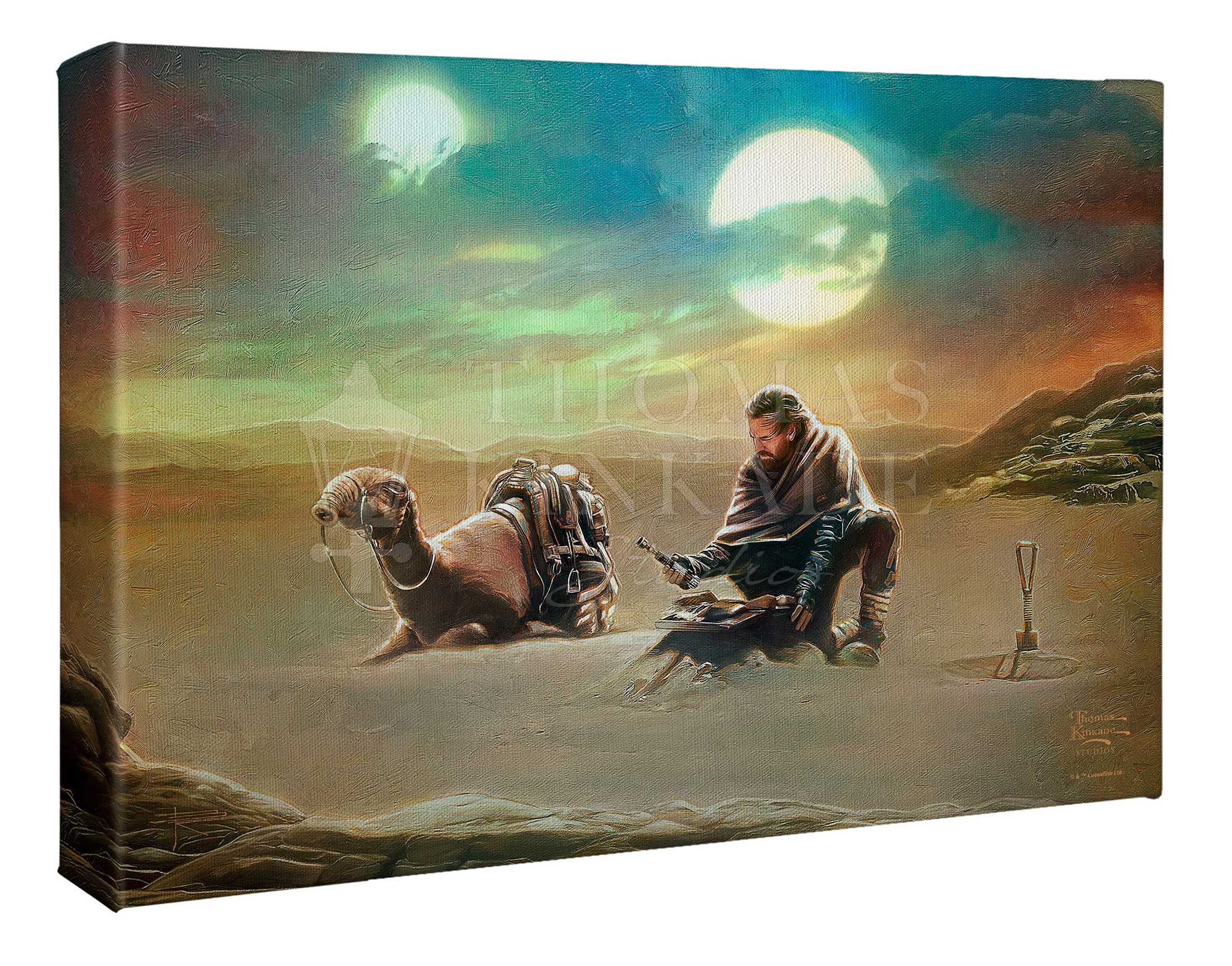 Featuring Obi-Wan Kenobi in Tatooine watching over a young Luke Skywalker. Gallery Wrapped Canvas