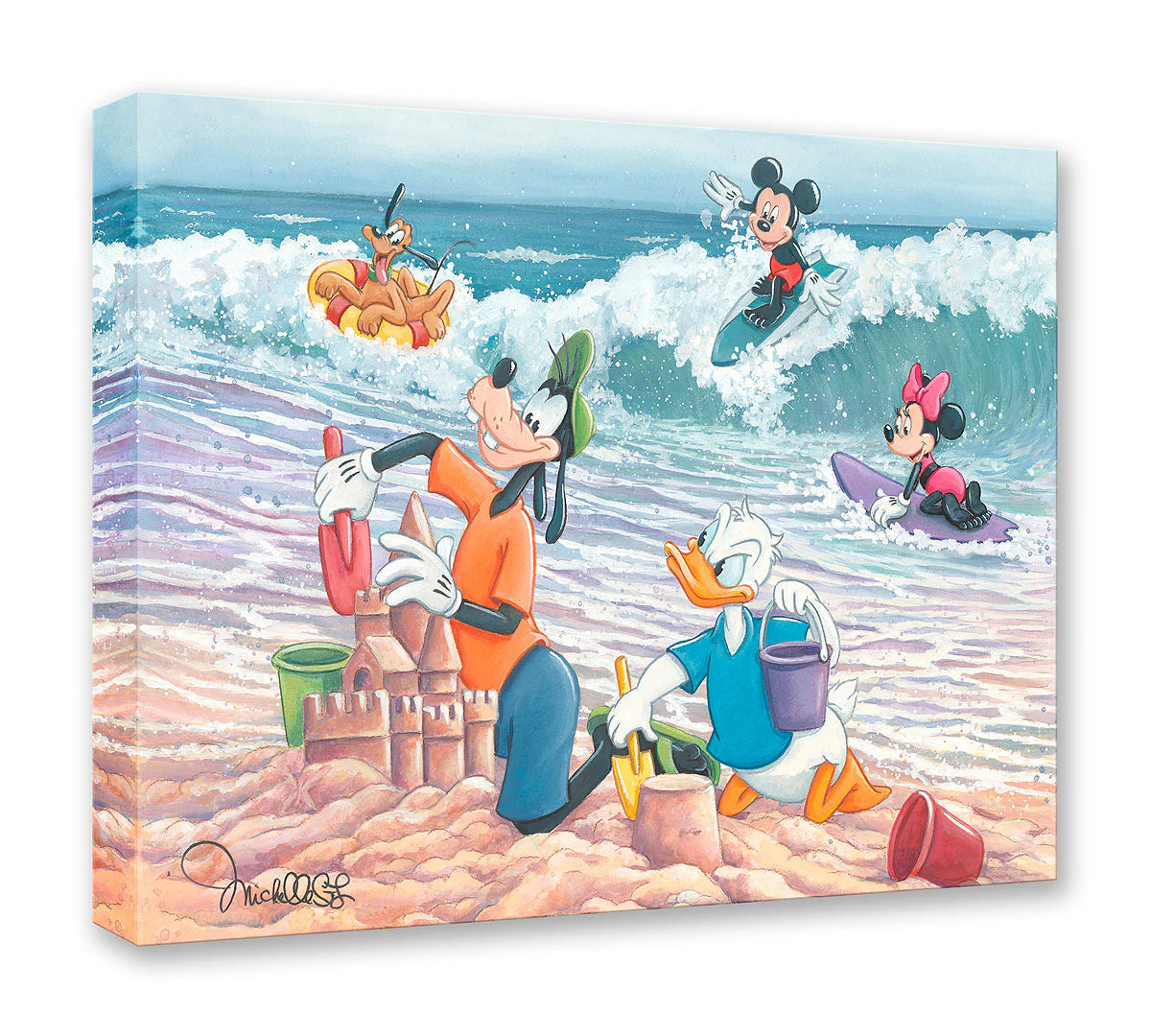 Mickey and friends spending the day on the beach, surfing the waves and building sandcastles.