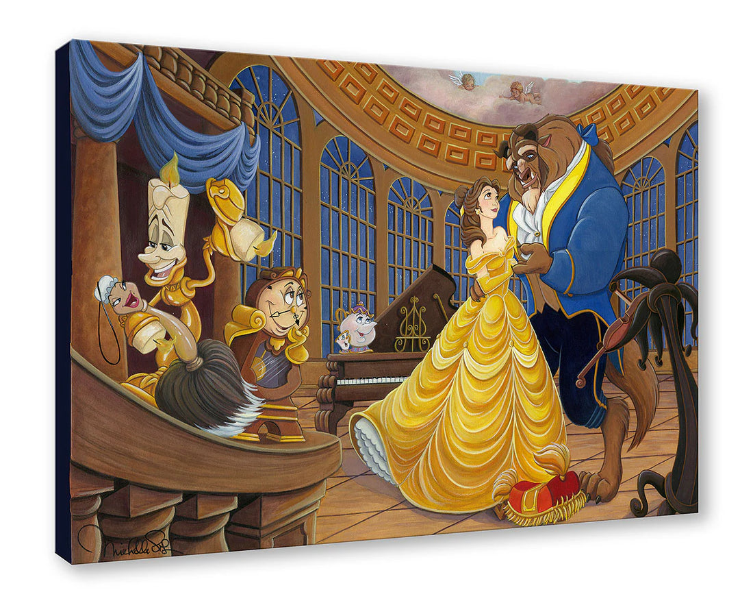 Belle and the Beast enjoy a formal dance as the enchanted castle characters gather around.