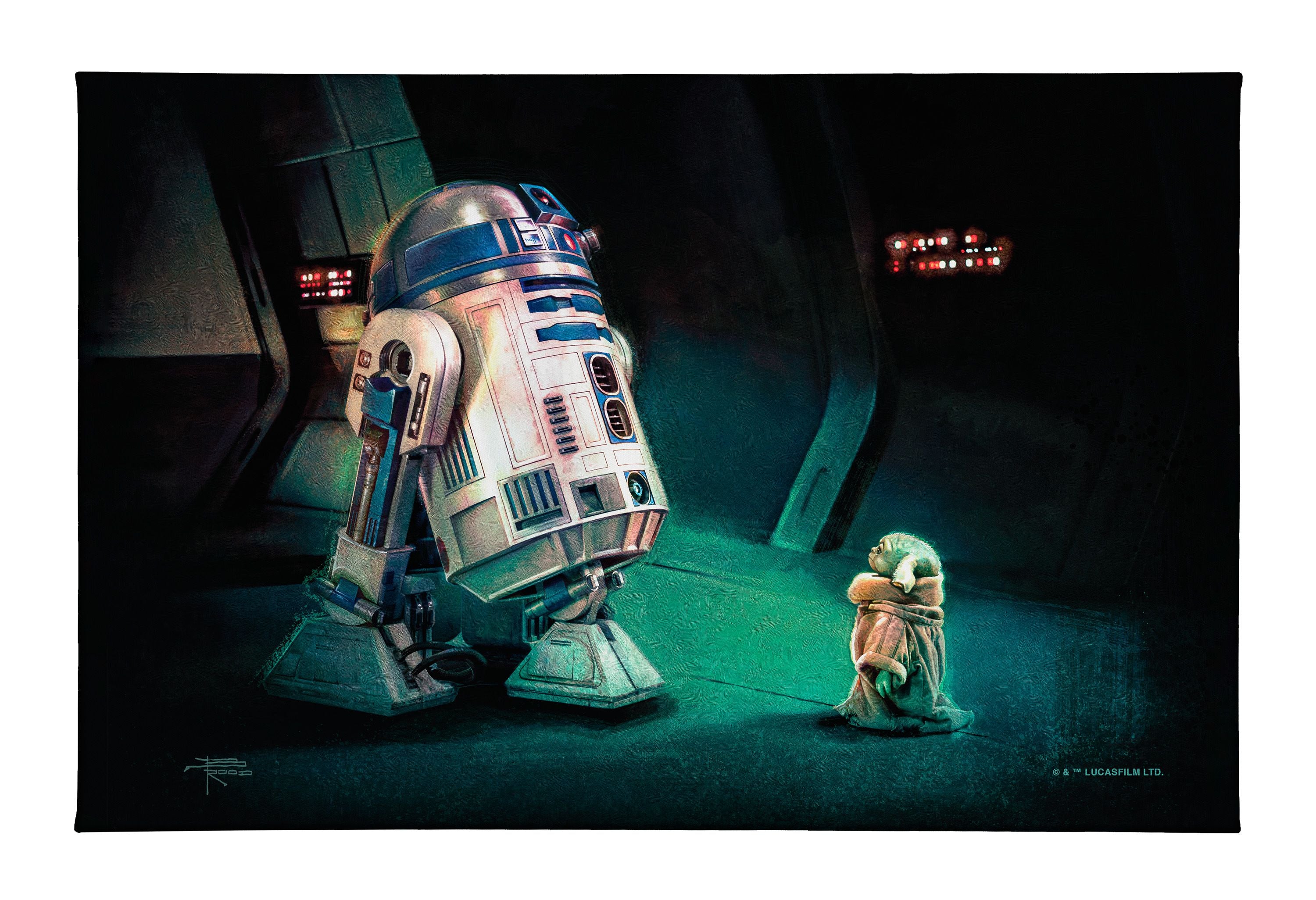 Illustration of a robot and a creature in a dark, futuristic setting