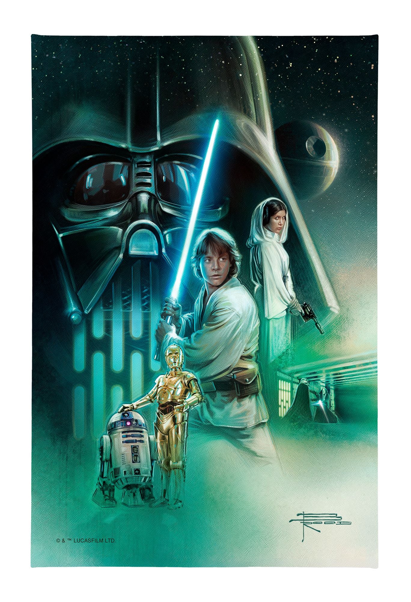 Star Wars-themed artwork with characters and lightsabers against a space background