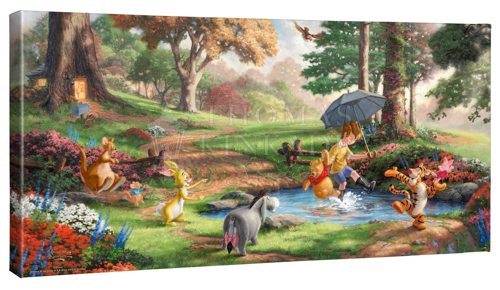 Winnie the Pooh, Christopher Robin, Eeyore, Kanga, Rabbit, Roo, Tigger, another day of fun, with friends, as Christopher and Pooh, play in the creek, kicking and splashing the water around.