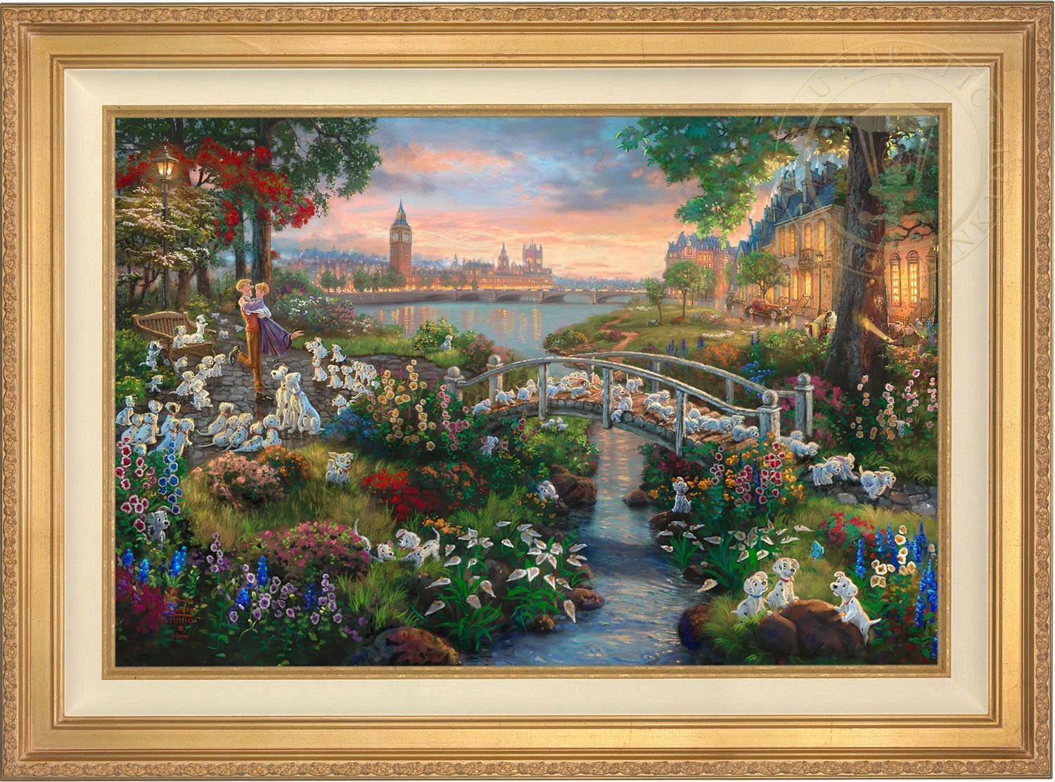A visual tour of historic London, with all of its famous landmarks, 101 Dalmatians puppies along with Pongo, Perdita, Roger and Anita all gather at the park, for a day of romance and fun - Antique Gold Frame